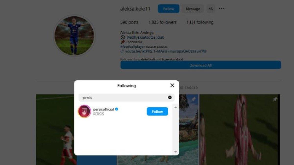 Aleksa Andrejic kedapatan memfollow Instagram Persis Solo.