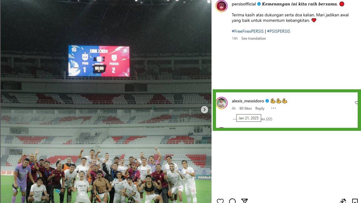 Alexis Messidoro memberi komentar emot tanda semangat setelah Persis Solo libas PSIS Semarang di pekan ke-19 Liga 1 2024/2025.