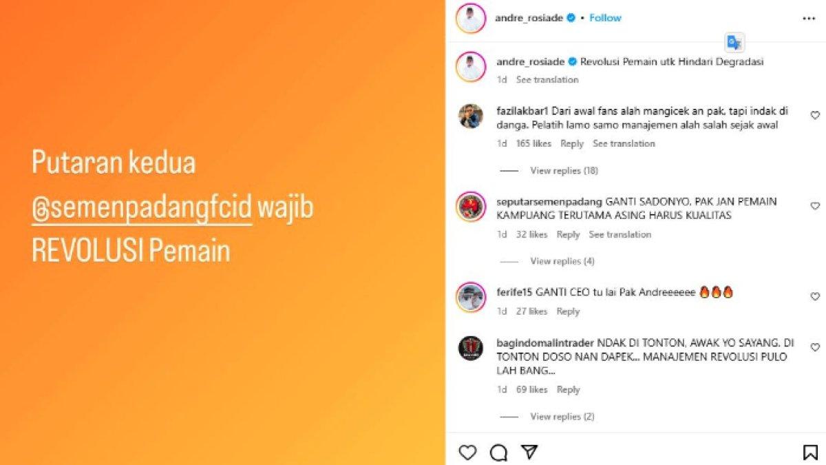 Penasehat Semen Padang, Andre Rosiade langsung memberi ultimatum kepada para pemain Kabau Sirah setelah hasil minor kekalahan 1-8 dari Dewa United di pekan kesembilan Liga 1 2024 kemarin, Jumat (26/10).