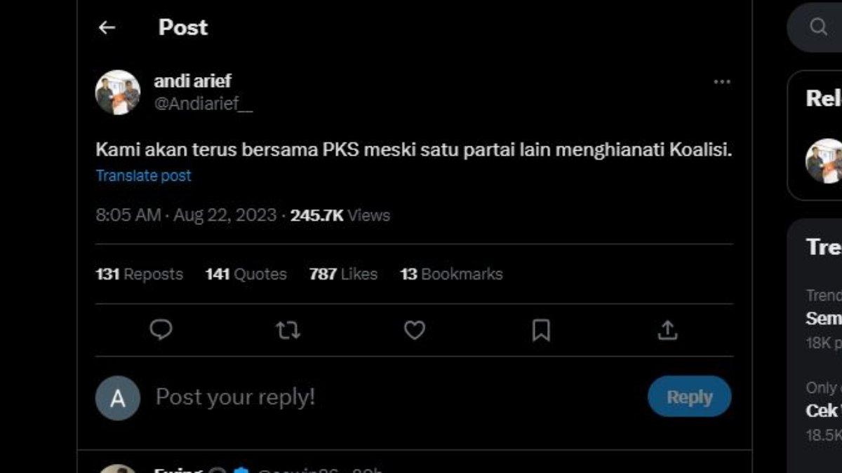 Tangkapan layar cuitan bernada sindiran dari anggota Partai Demokrat, Andi Arief seusai berhembusnya isu diduetkannya Anies Baswedan dengan Ganjar Pranowo untuk Pilpres 2024 mendatang.