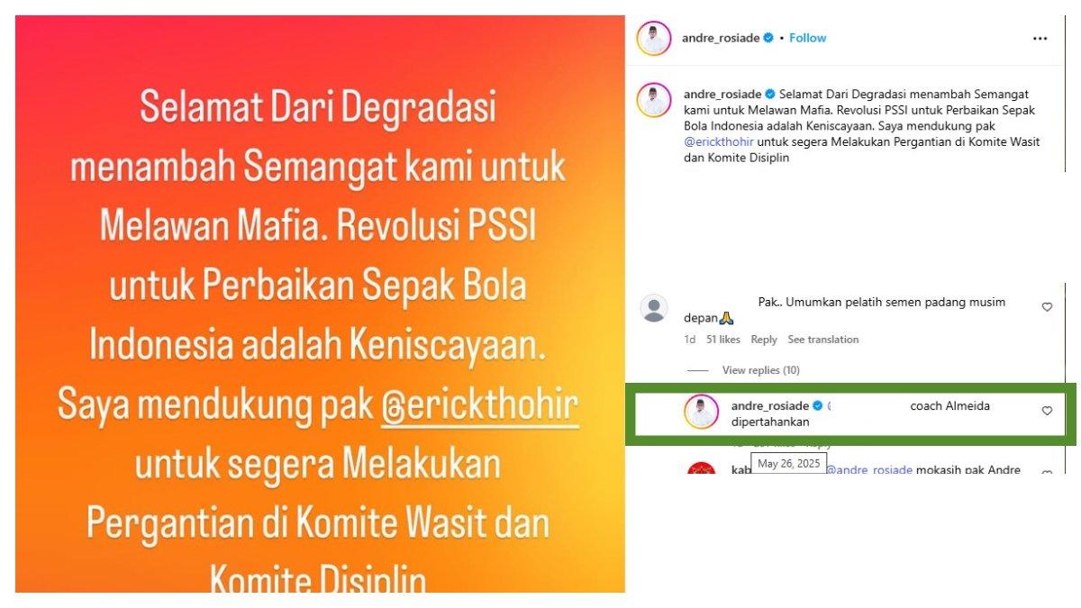 BURSA PELATIH LIGA 1 - Andre Rosiade memastikan Eduardo Almeida bertahan di Semen Padang pada musim 2025/2026.