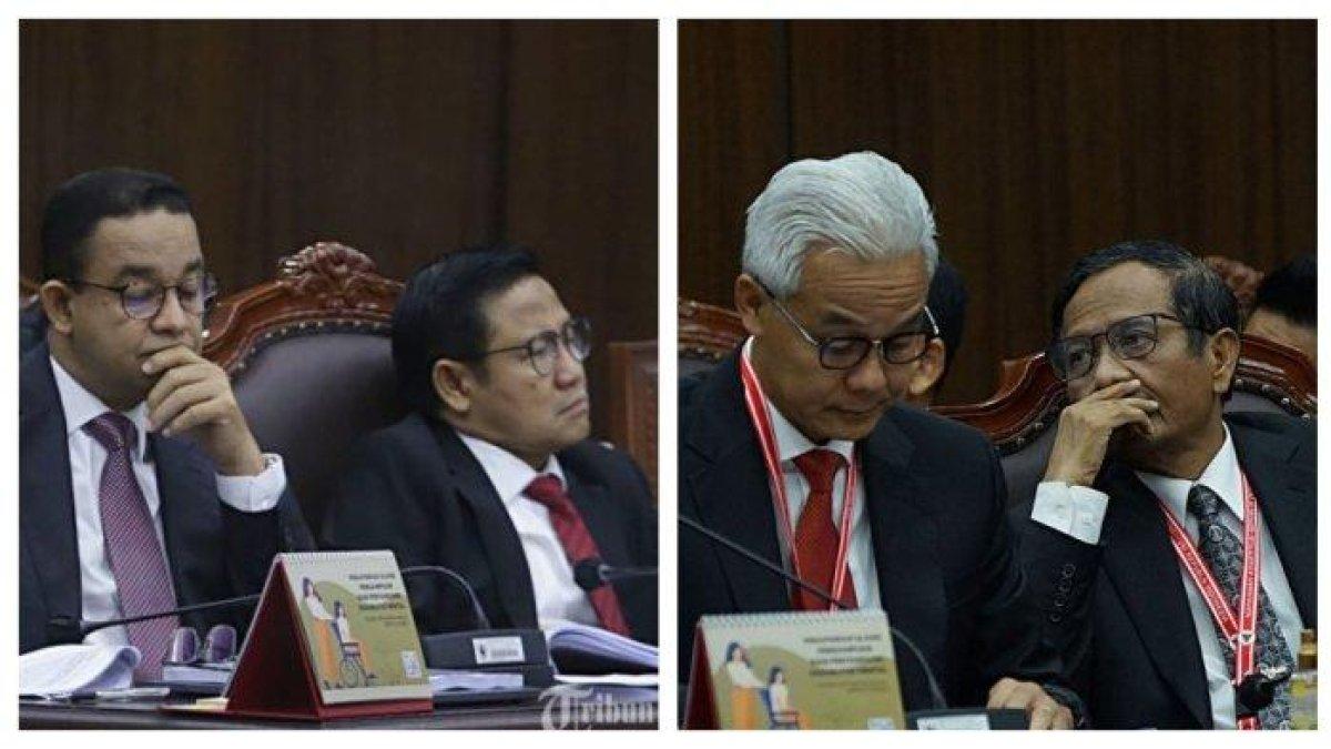 Pasangan Calon Presiden dan Wakil Presiden nomor urut 1 Anies Baswedan dan Muhaimin Iskandar dan paslon nomor urut 3 Ganjar Pranowo dan Mahfud MD menghadiri sidang perdana permohonan perkara PHPU di Gedung MK, Jakarta Pusat, Rabu (27/3/2024). Sidang tersebut beragendakan pemeriksaan pendahuluan (penyampaian permohonan pemohon).