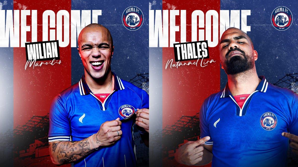 Potret flyer perkenalan dua pemain asing anyar Arema FC, Willian Marcilio (kiri) dan Thales Lira (kanan), Senin (1/7/2024).