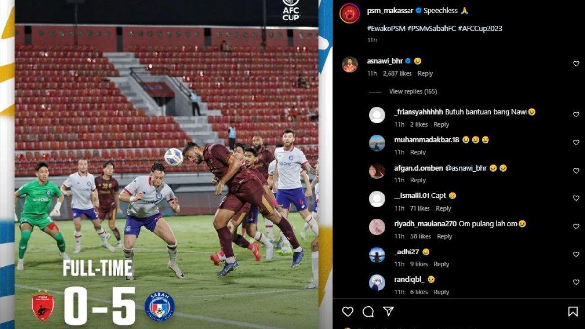 Sosok mantan pemain PSM Makassar sekaligus kapten Timnas Indonesia, Asnawi Mangkualam terlihat bersedih dengan Juku Eja yang dibabat oleh Sabah FC di ajang Piala AFC 2023.