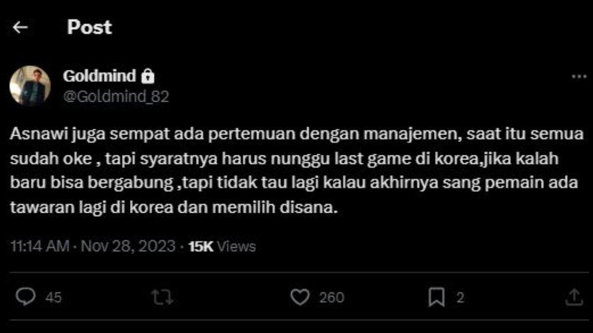 Persebaya Surabaya sempat dirumorkan bakal mendatangkan Asnawi Mangkualam di putaran kedua Liga 1 2023.