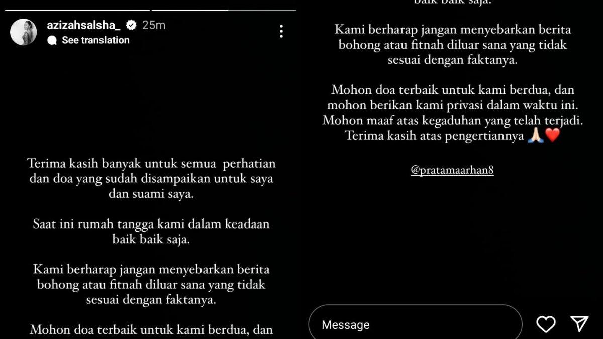 Istri Pratama Arhan, Azizah Salsha buka suara seusai diisukan selingkuh dari bek kiri Timnas Indonesia tersebut, Rabu (21/8). Azizah Salsha sempat diisukan melakukan perselingkuhan dengan pasangan dari Rachel Vennya, yakni Salim Nauderer.