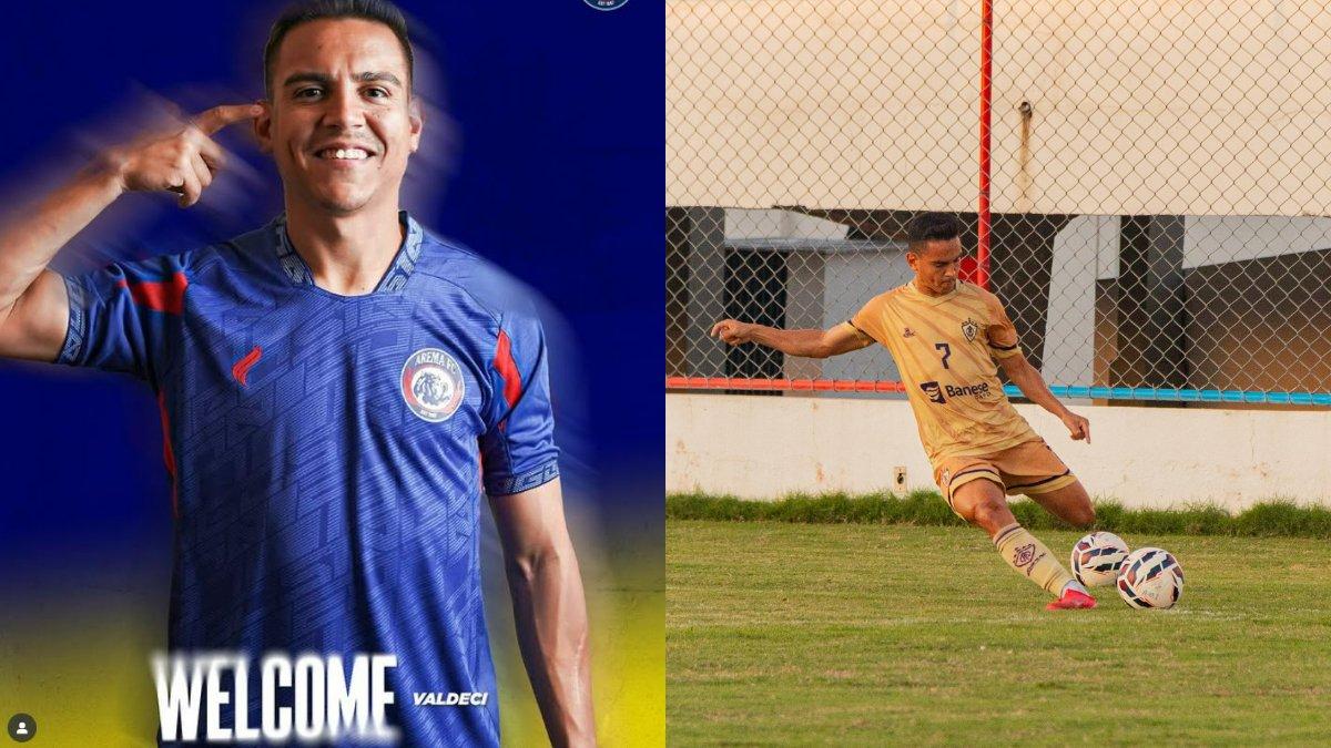 BURSA TRANSFER AREMA FC - Valdeci Moreira resmi diperkenalkan Arema FC, Kamis (26/6/2025) (foto kiri), dan foto Valdeci saat berseragam Associação Olímpica de Itabaiana (SE) (foto kanan).