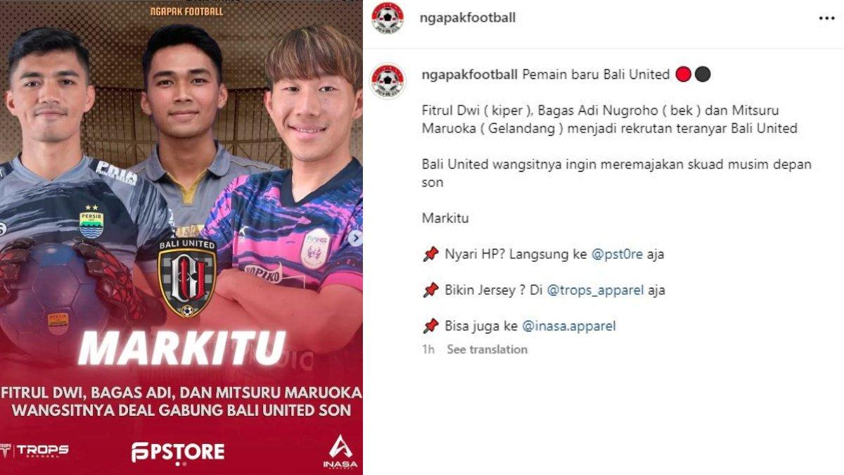 RUMOR - Bali United dikabarkan berhasil menggaet sosok Bagas Adi Nugroho (Arema FC), Fitrul Dwi Rustapa (Persib Bandung), dan Mitsuru Maruoka (RANS Nusantara FC) untuk gelaran Liga 1 2024 mendatang.