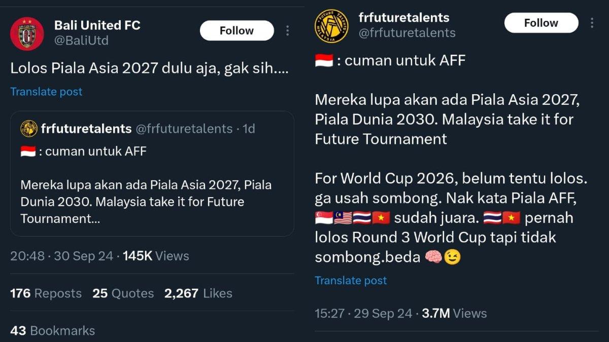 Kolase akun X resmi dari Bali United yang memberi respons menohok (kiri) setelah ada media Malaysia yang memberi sindiran atas pencapaian Timnas Indonesia (kanan).