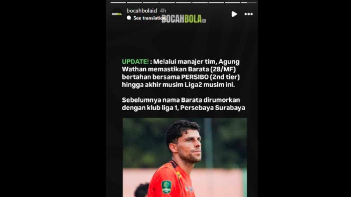 Rumor sosok Barata, gelandang Persibo Bojonegoro yang tetap bertahan seiring santer dikaitkan ke Persebaya Surabaya pada putaran kedua Liga 1 2024.