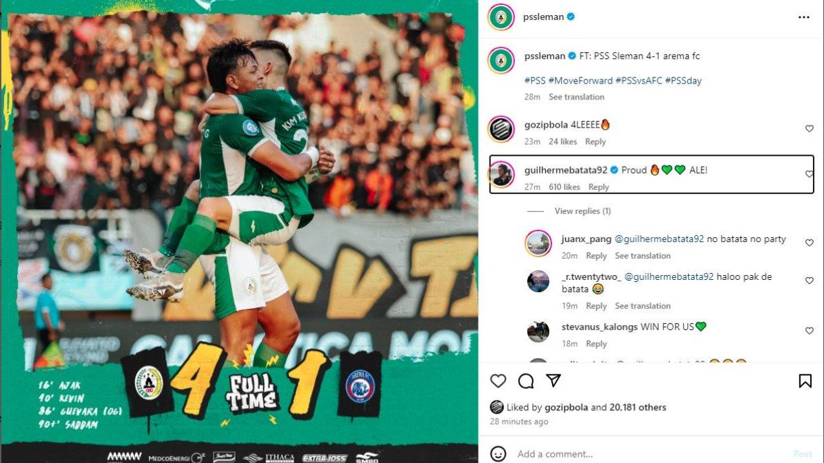 Satu sosok mantan pemain PSS Sleman, yakni Guilherme Batata turut merayakan kemenangan Super Elja atas Arema FC di pekan ke-31 Liga 1 2023, Senin 15 April 2024.