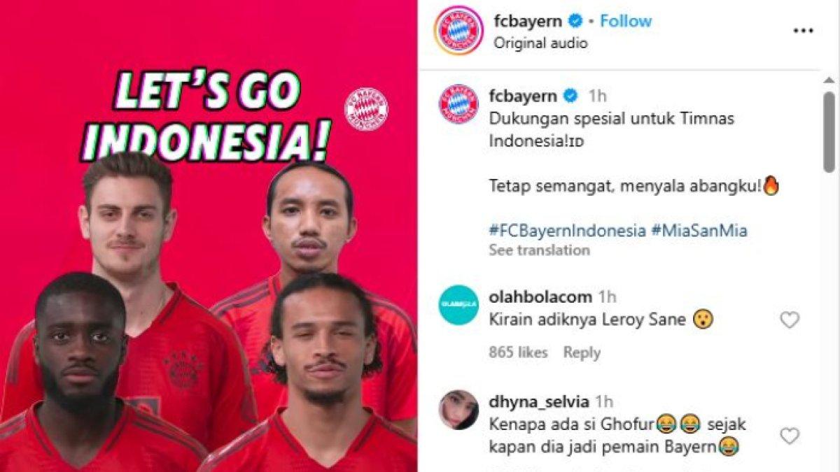 BERI DUKUNGAN - Raksasa Bundesliga, Bayern Munchen kepergok memberikan ucapan semangat kepada Timnas Indonesia jelang melawan Australia, Rabu (19/3).