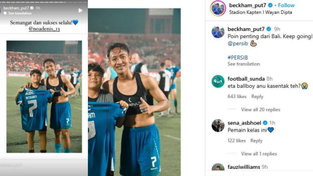 Kolase pesan Beckham Putra kepada ballboy yang sempat ia marahi di laga Bali United melawan Persib Bandung (kiri) dan sang anak yang sempat ia beri jersey Pangeran Biru (kanan) dalam unggahan terbarunya, Selasa (7/1).