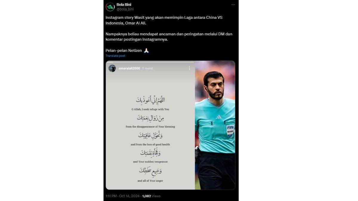 Beredar postingan doa oleh Omar Al Ali sebelum memimpin laga Timnas Indonesia Vs China.