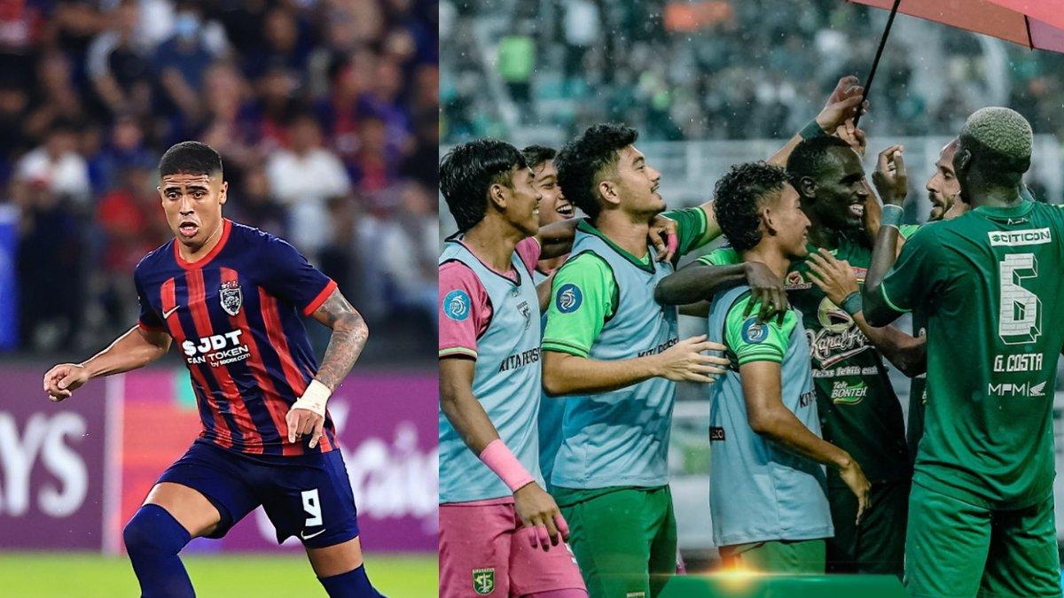 RUMOR TRANSFER PERSEBAYA SURABAYA - Sosok Bergson Gustavo, bomber Johor Darul Takzim (kiri) dan para pemain Persebaya Surabaya saat melakukan selebrasi dalam gelaran Liga 1 2024/2025 (kanan).