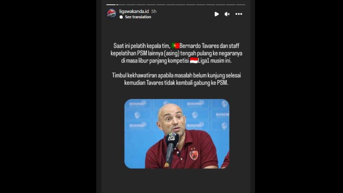 Rumor pelatih PSM Makassar, yakni Bernardo Tavares yang disebut memicu kekhawatiran tak akan kembali ke Juku Eja setelah pulang kampung di jeda kompetisi Liga 1 2023 ini, Kamis 21 Desember 2023.