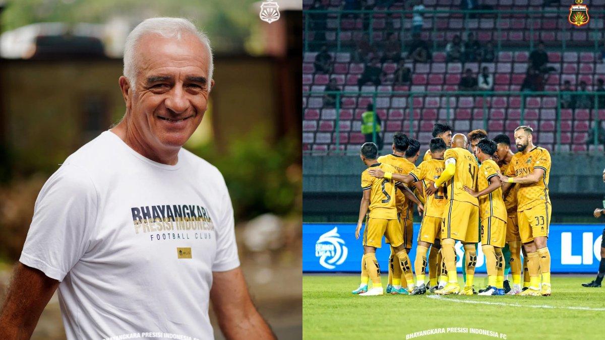 Kolase foto Mario Gomez (kiri) dan anak asuhnya di Bhayangkara FC (kanan) pada gelaran Liga 1 2023.