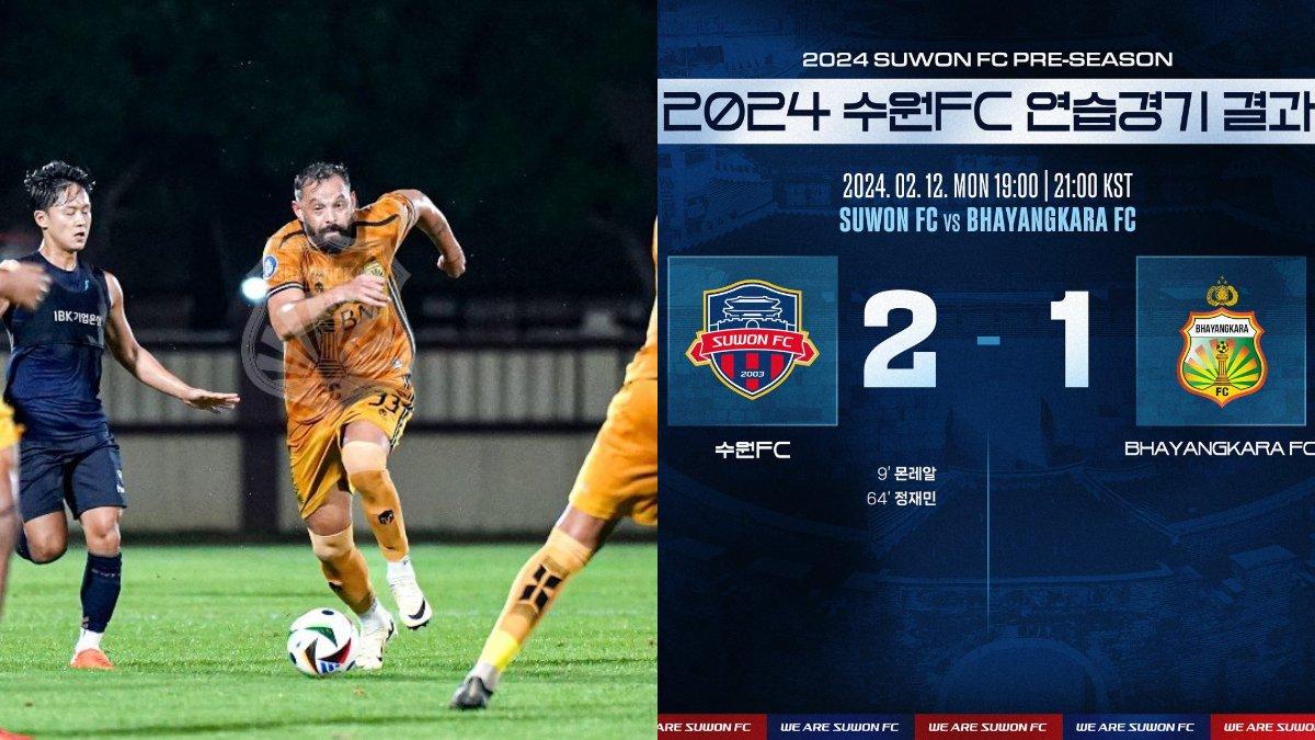 Kolase foto cuplikan pertandingan Bhayangkara FC dengan Suwon FC (kiri), yang berakhir dengan skor 2-1 untuk kemenangan klub Korea Selatan tersebut (kanan).