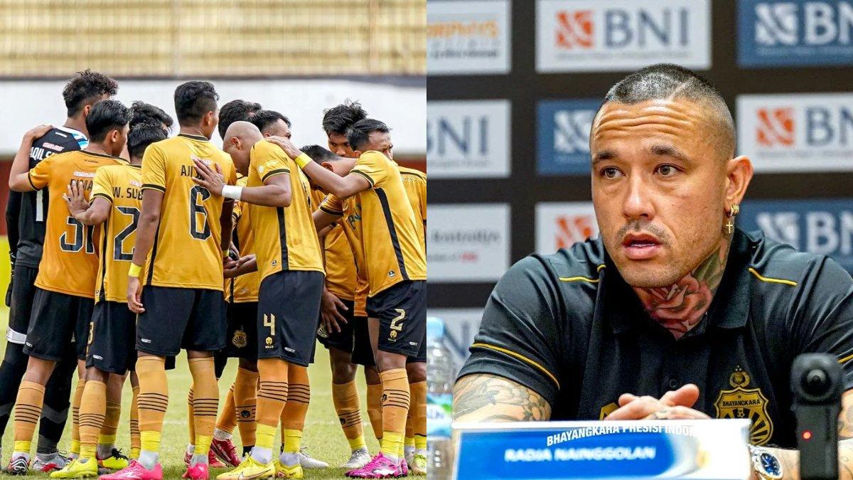Skuad Bhayangkara FC (kiri) dan Radja Nainggolan (kanan).