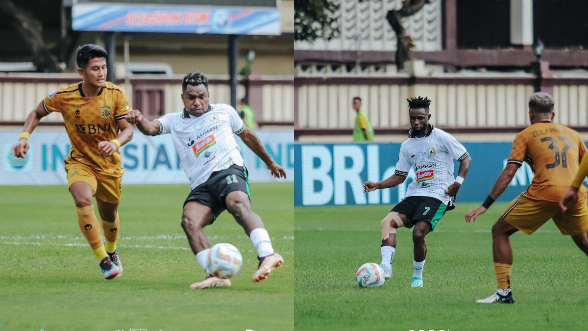 Kolase cuplikan pertandingan pekan ke-25 Liga 1 2023 antara Bhayangkara FC melawan PSS Sleman yang digelar di Stadion PTIK, Jakarta pada Kamis, 22 Februari 2024.