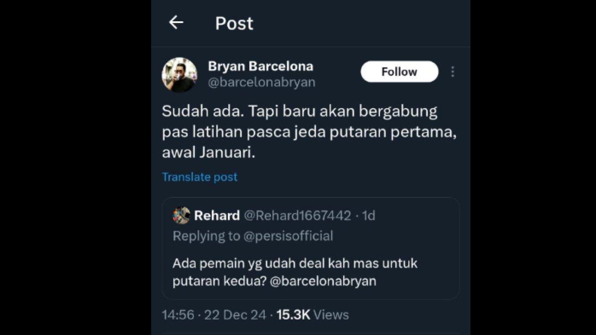 Media Officer Persis Solo, Bryan Barcelona menyebut Laskar Sambernyawa akan kedatangan pemain asing baru pada awal latihan tim di putaran kedua Liga 1 2024, Minggu (22/12).