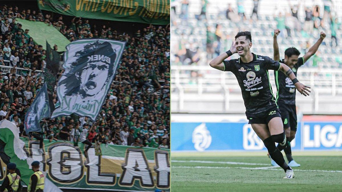 Suporter Persebaya Surabaya Bonek Mania (kiri) dan selebrasi gol Bruno Moreira ke gawang Borneo FC (kanan).