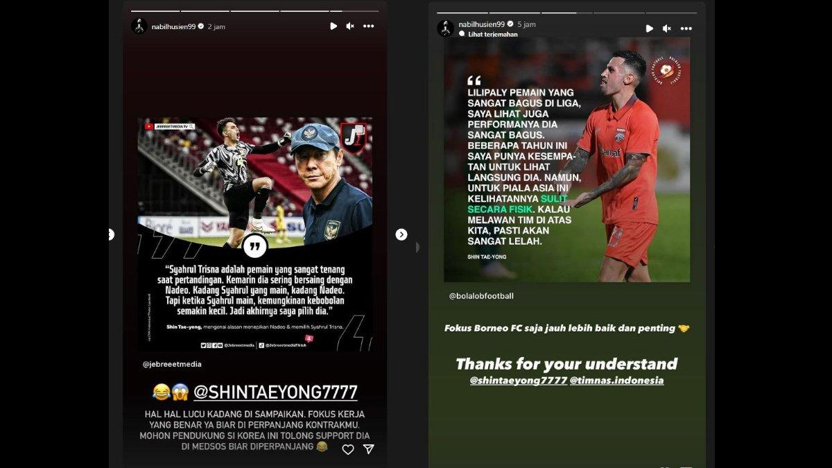 Kolase sindiran bos Borneo FC, Nabil Husein seusai dua pemainnya, yakni Stefano Lilipaly dan Nadeo Argawinata tak dipanggil Shin Tae-yong untuk Timnas Indonesia.
