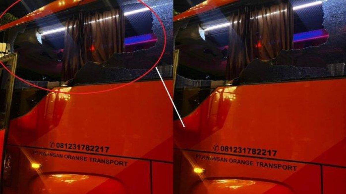 Bus Pemain Persik Kediri dilempari batu oleh oknum Aremania usai Arema FC kalah dari Persik Kediri dengan skor 0-3 pada pekan 32 di Stadion Kanjuruhan, Minggu (11/5/2025).