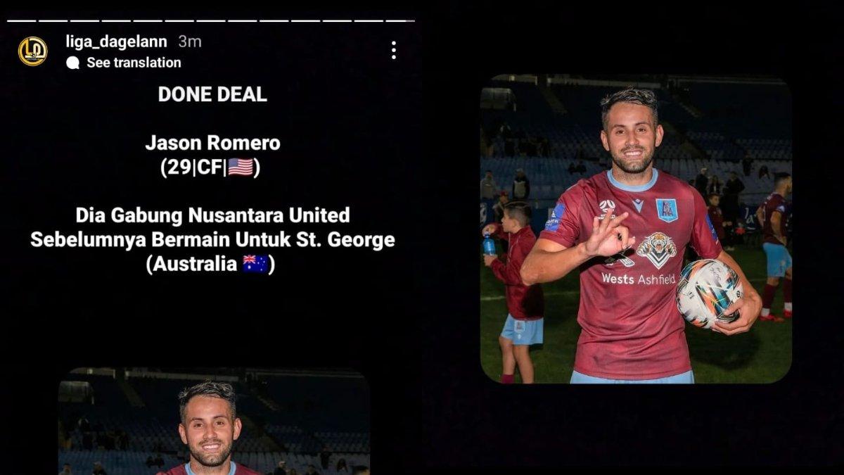 Rumor sosok Jason Romero yang dikaitkan dengan Nusantara United di Liga 2 2024, Minggu (18/8). Jason Romero adalah striker asal Amerika Serikat yang kini tengah bermain di St George sebelum diminati oleh Nusantara United.