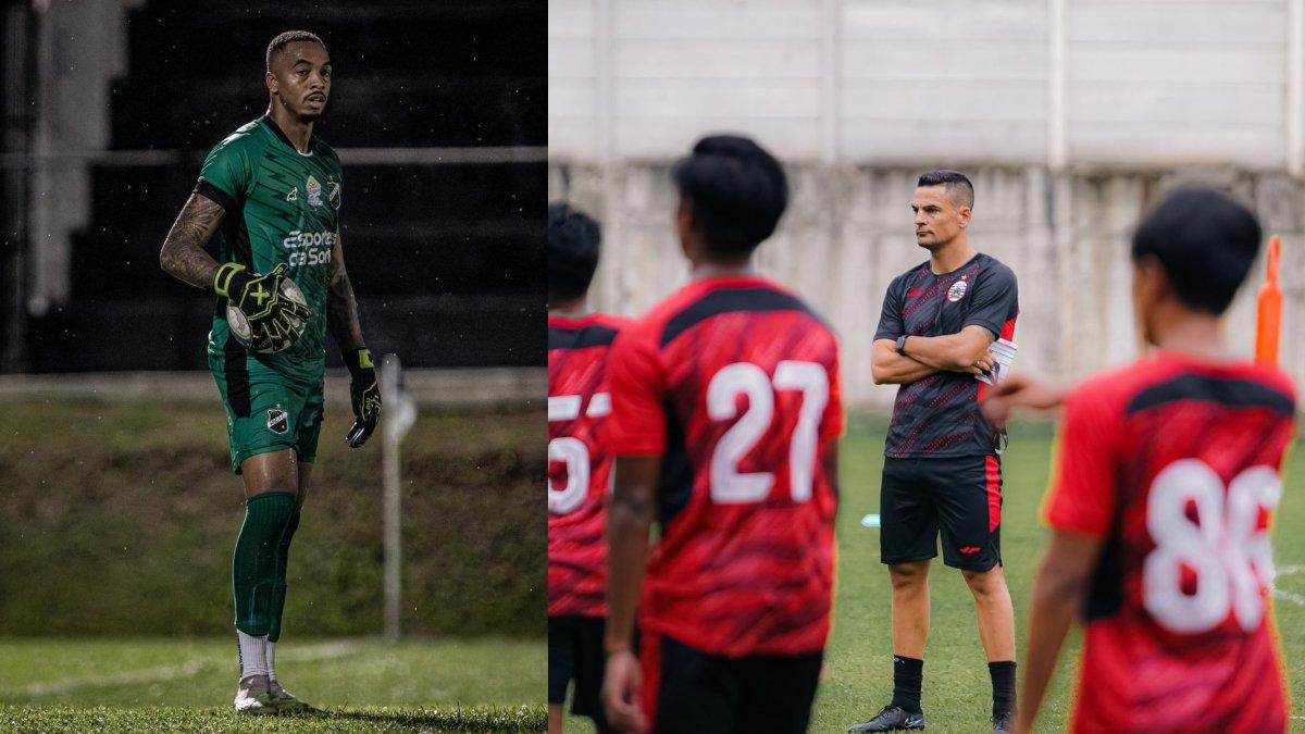 Kolas foto kiper Brasil, Carlos Eduardo (kiri) dan skuad Persija Jakarta yang sedang berlatih di bawah asuhan Carlos Pena (kanan). Carlos Eduardo kini tengah gencar dikaitkan dengan Persija Jakarta setelah resmi dilepas oleh klubnya di Liga Brasil, ABC FC pada Rabu, 7 Agustus 2024.