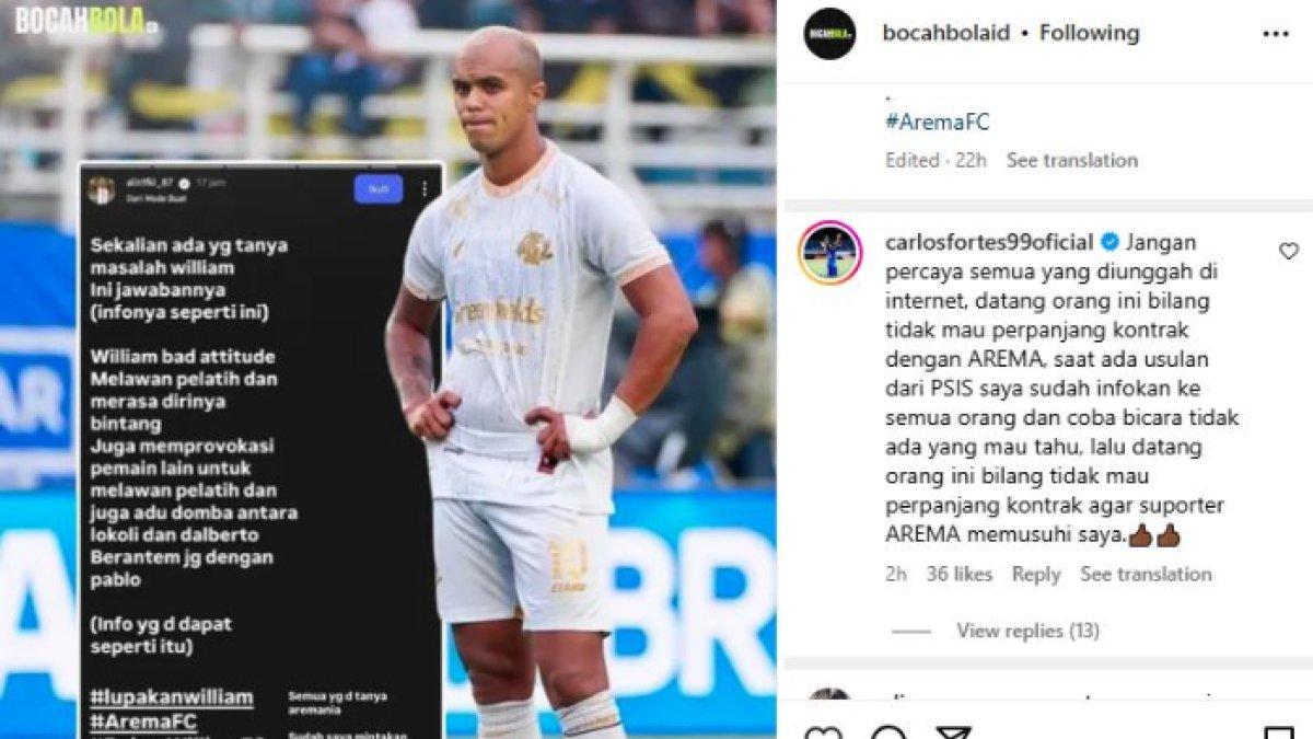 POLEMIK WILIAM - Mantan penyerang Arema FC di Liga 1 2021 lalu, yakni Carlos Fortes ikut mengomentari kasus Wiliam Marcilio di Singo Edan yang kian memanas, Rabu (26/2).