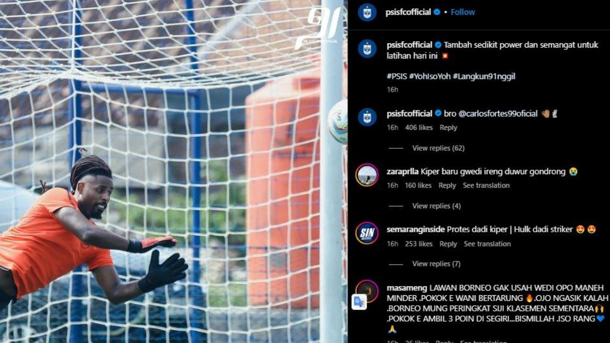 Potret aksi Carlos Fortes, striker asing PSIS Semarang yang menjadi kiper di sesi latihan tim dan membuat Panser Biru dan Snex salah fokus, Rabu 6 Desember 2023.