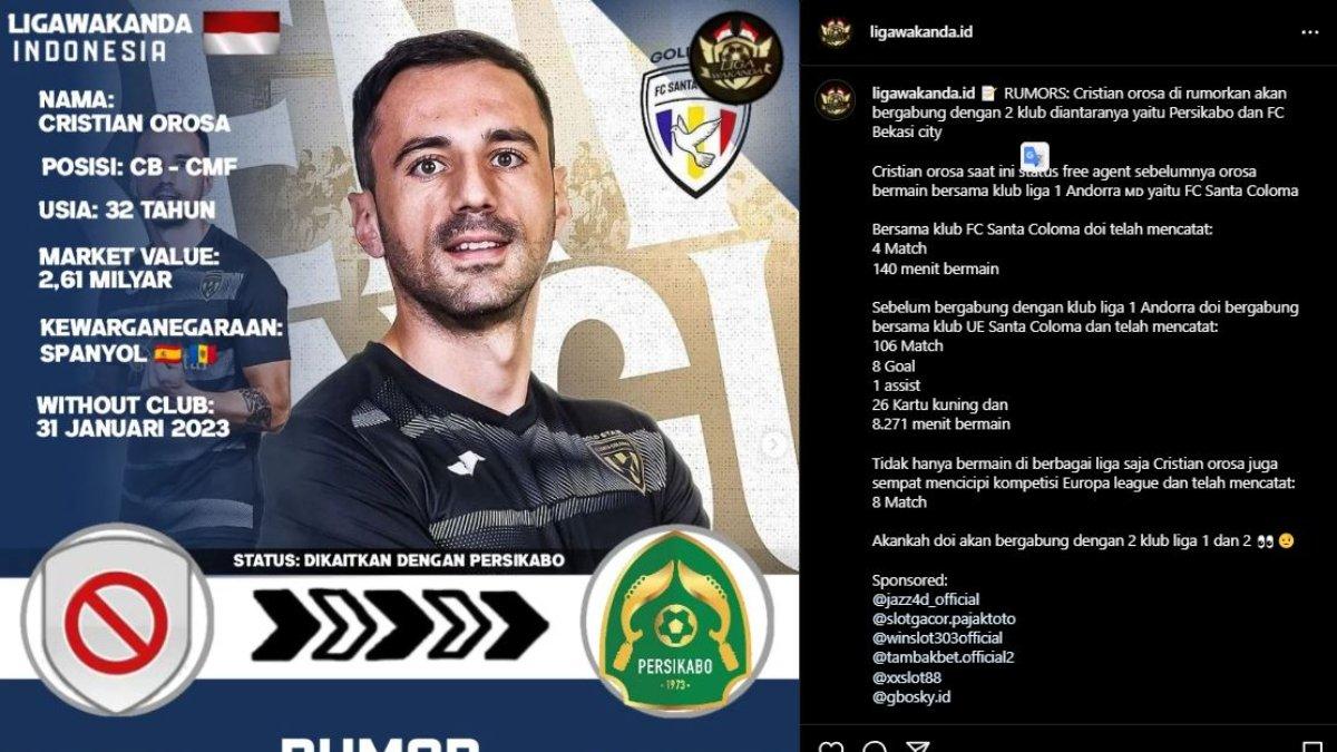 Rumor diminatinya sosok bek asal Andorra, yakni Cristian Orosa oleh Persikabo 1973 dan FC Bekasi City di musim 2023/2024 ini, Sabtu 7 Oktober 2023.
