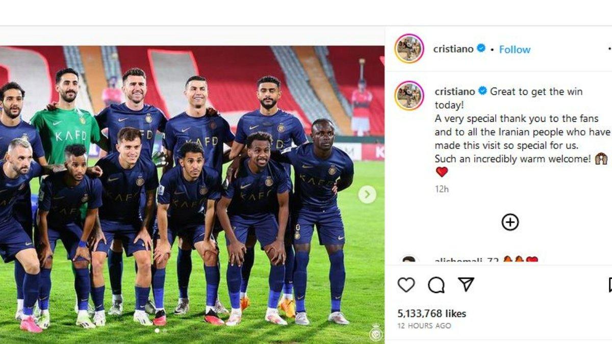 Cristiano Ronaldo mengunggah postingan di Instagram yang berisikan ucapan rasa senangnya atas kemenangan Al Nassr