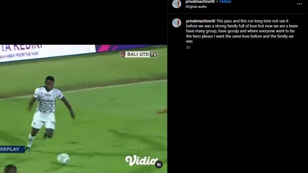 Tangkapan layar curahan hati winger Bali United, Privat Mbarga yang seolah mengindikasikan adanya keretakan dalam kubu Serdadu Tridatu di Liga 1 2023 ini, Sabtu 9 September 2023.