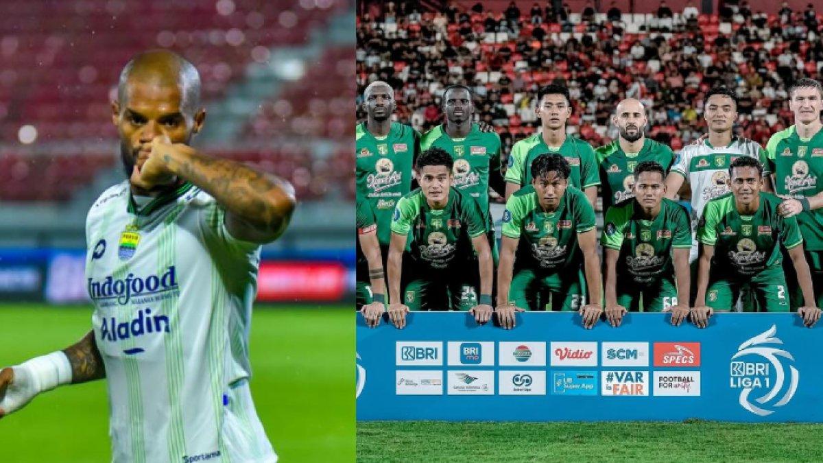 David da Silva dan Persebaya Surabaya - Momen David da Silva merayakan gol bersama Persib Bandung (kiri) dan sesi foto bersama skuad Persebaya Surabaya (kanan).