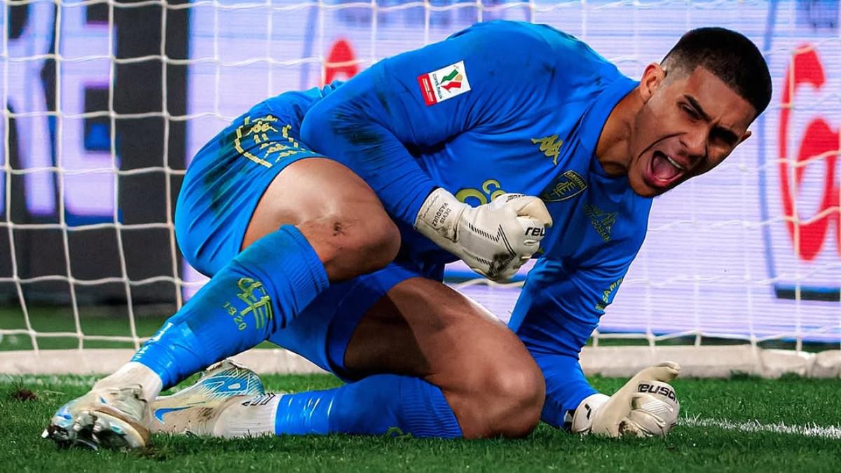 BURSA TRANSFER - Selebrasi Devis Vasquez ketika membela Empoli dan timnya selamat dari kebobolan (27/2/2025).