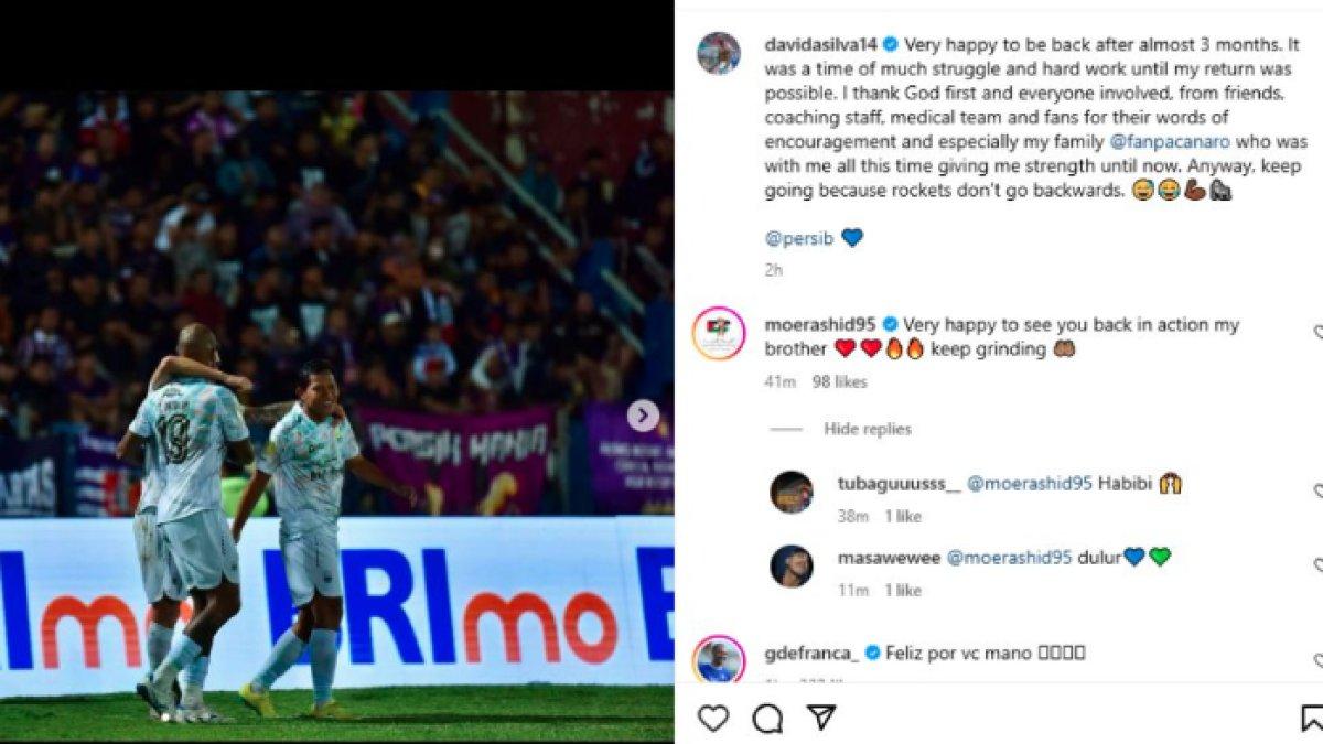 Striker Persib Bandung, David da Silva yang tak kuasa menahan rasa senangnya setelah kembali dari cedera dan membela Pangeran Biru di pekan kesembilan Liga 1 2024 lalu. Kini, eks Persib Bandung yang bermain di Persebaya Surabaya, Mohammed Rashid turut dibuat senang dengan kembalinya David da Silva.