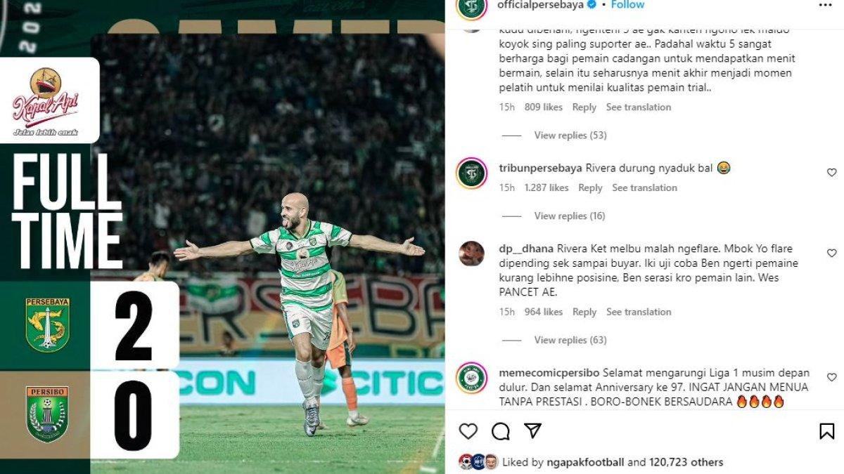 Tangkapan layar Bonek yang tampak kasihan dengan debut Francisco Rivera di Persebaya Surabaya yang kurang maksimal di laga anniversary yang ke-97 saat melawan Persibo Bojonegoro, Sabtu, 29 Juni 2024. Adanya flare yang menyala di menit ke-88 membuat pertandingan Persebaya Surabaya melawan Persibo Bojonegoro harus selesai lebih cepat di saat Francisco Rivera baru masuk sebagai pemain pengganti.