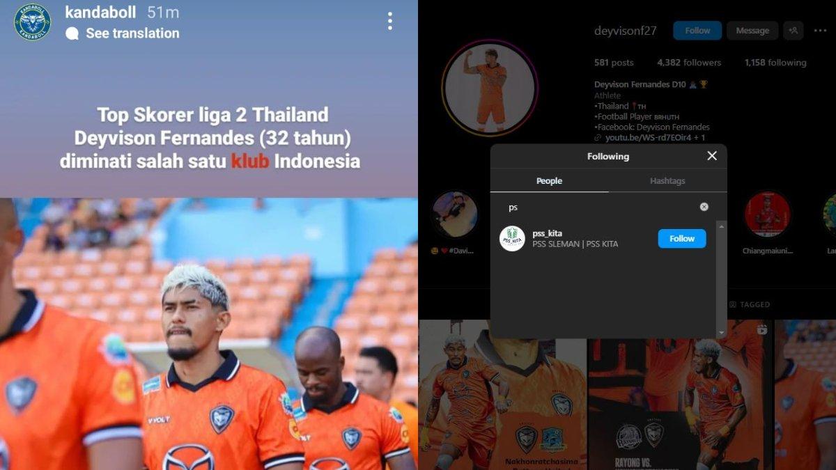 Kolase rumor sosok Deyvison Fernandes yang kabarnya diminati klub Liga 1 (kiri), yang bisa saja merujuk ke PSS Sleman, mengingat bomber asal Brasil tersebut mengikuti akun seputar Super Elja (kanan), Kamis 15 Februari 2024.