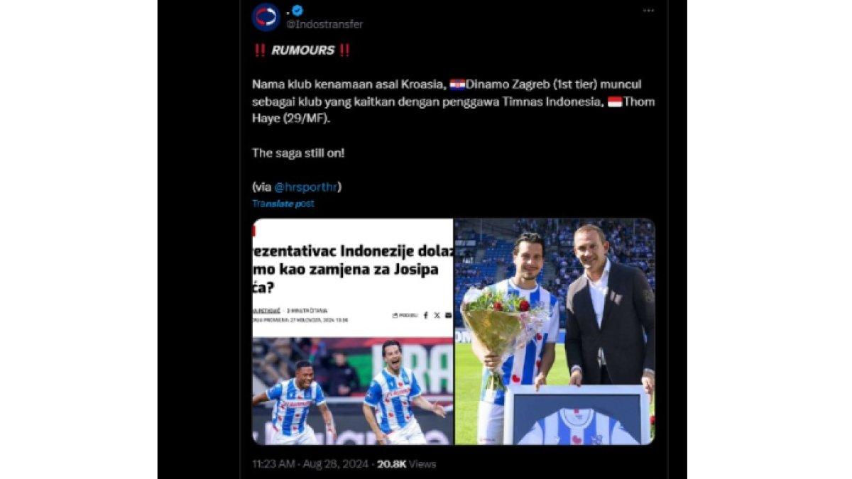Klub raksasa Liga Krosia, Dinamo Zagreb tengah dikaitkan dengan gelandang Timnas Indonesia, Thom Haye.