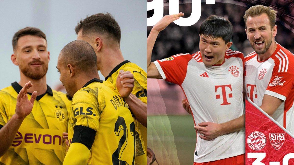 Kolase foto dua rival abadi tanah Bavaria, Borussia Dortmund (kiri) dan Bayern Munchen (kanan) di Liga Jerman 2023/2024.