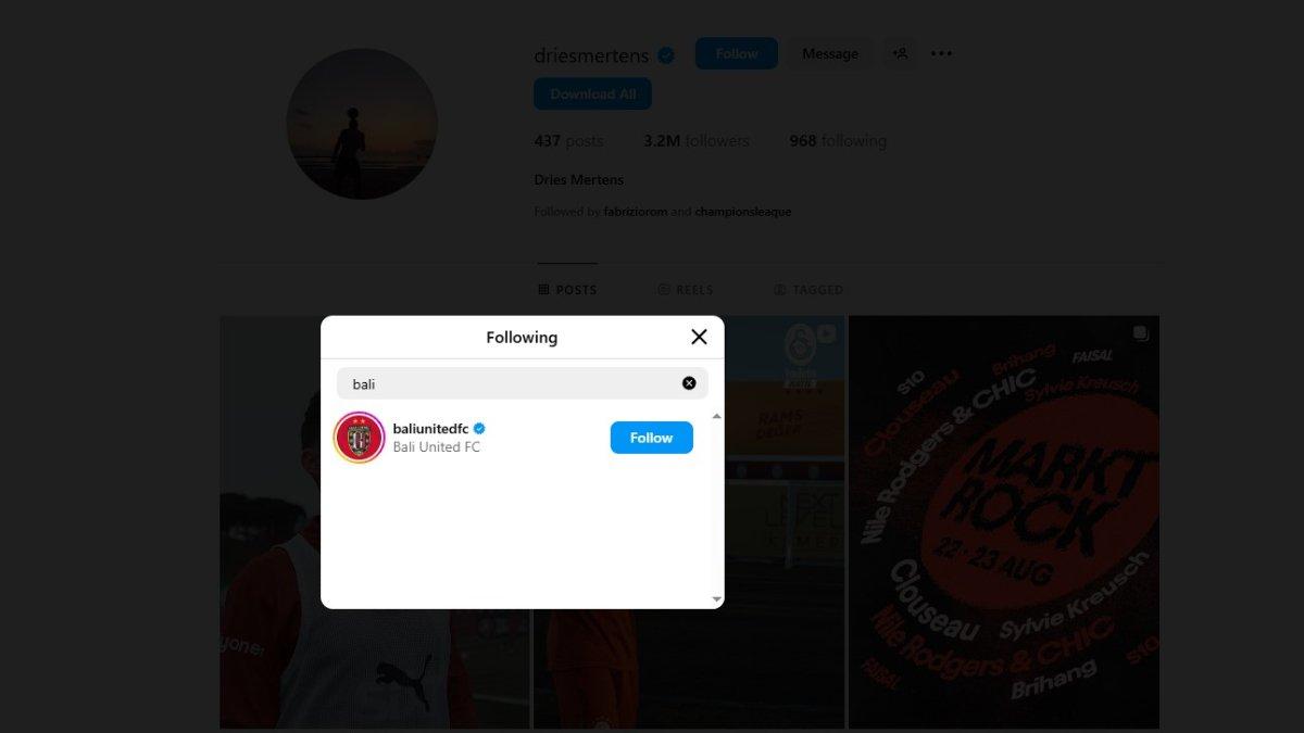 KODE DRIES MERTENS GABUNG BALI UNITED - Dries Mertens kepergok follow akun Instagram Bali United.