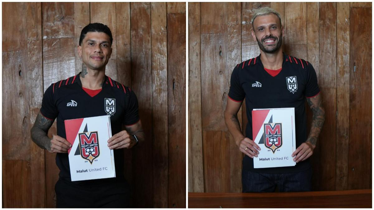 Dua mantan pemain asing Persib Bandung, Ciro Alves (kiri) dan Tyronne del Pino (kanan) saat diperkenalkan sebagai rekrutan baru Malut United untuk Super League 2025/2026.