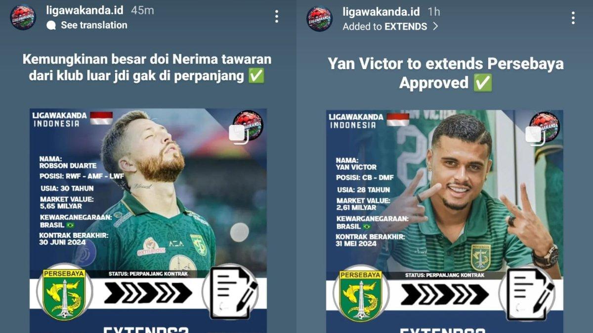 Rumor dua pemain asing Persebaya Surabaya asal Brasil, yakni Robson Duarte yang kabarnya dilepas ke klub lain (kiri) dan Yan Victor yang mendapat perpanjangan kontrak oleh Bajul Ijo (kanan).