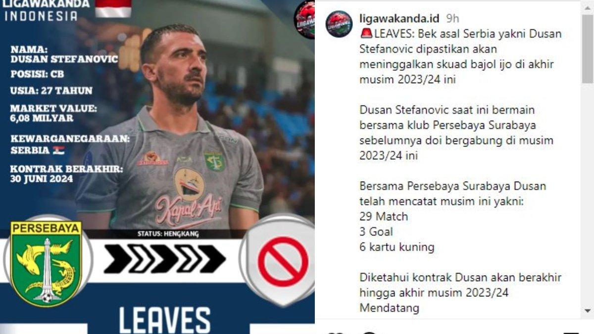 Rumor hengkangnya bek Persebaya Surabaya asal Serbia, yakni Dusan Stevanovic di penghujung Liga 1 2023.