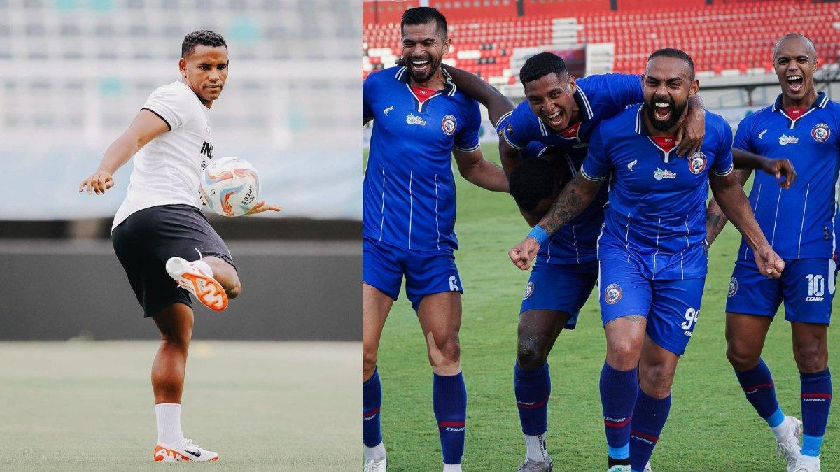 Kolase foto eks pemain Bali United Eber Bessa (kiri) dan selebrasi Arema FC saat gelaran Piala Presiden 2024 (kanan).