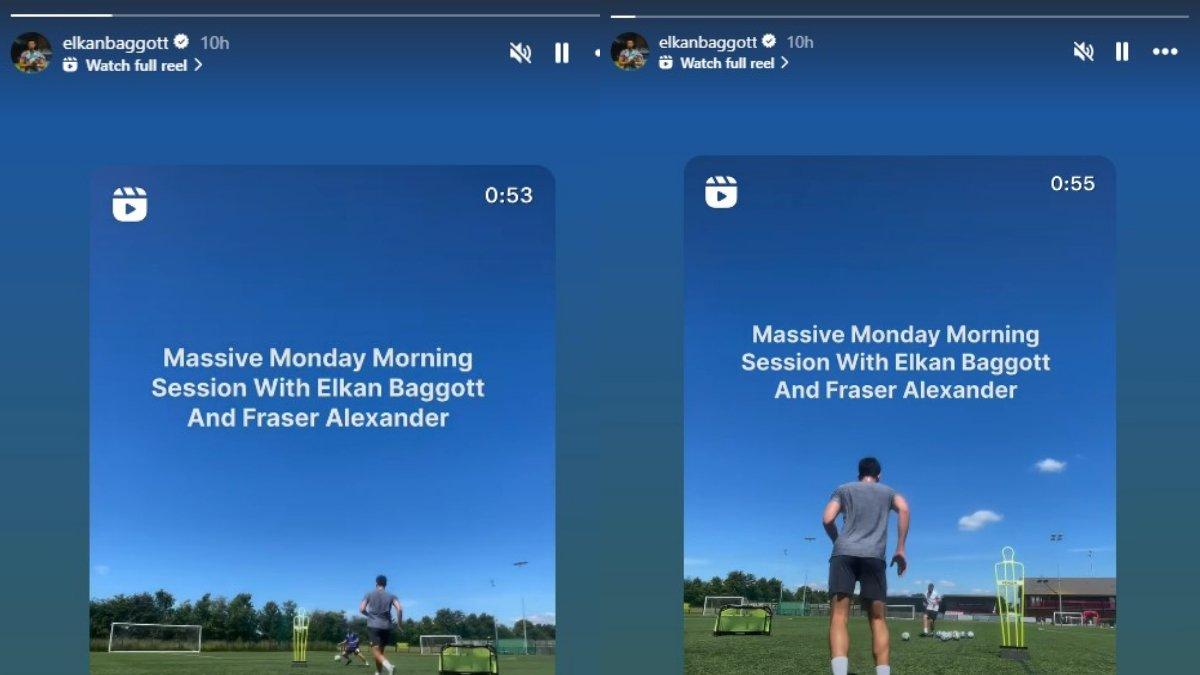 Unggahan InstaStory akun Instagram Elkan Baggott. Ia tampak memilih berlatih sendiri dengan sesama produk akademi Ipswich Town, Fraser Alexander.