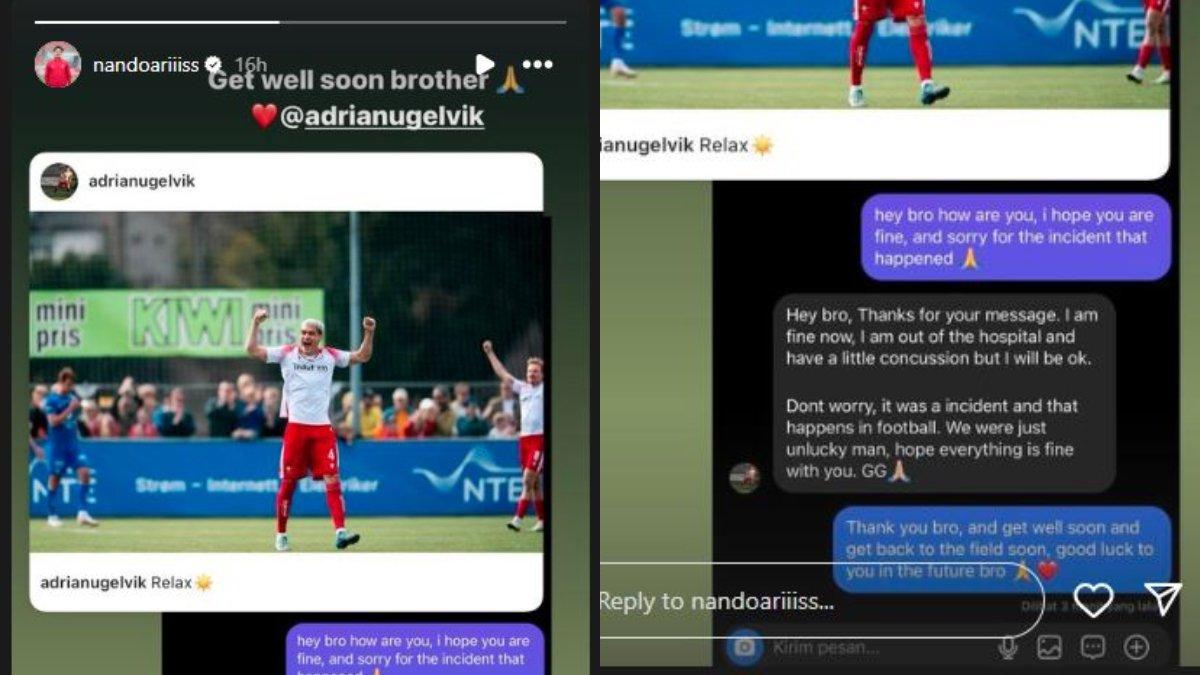 Pesan dan permintaan maaf dari kiper Timnas Indonesia, Ernando Ari kepada pemain Filipina Adrian Ugelvik yang sempat kolaps di laga Kualifikasi Piala Dunia 2026 lalu. Ernando Ari dan Adrian Ugelvik sempat bertabrakan dalam duel udara di menit ke-85.