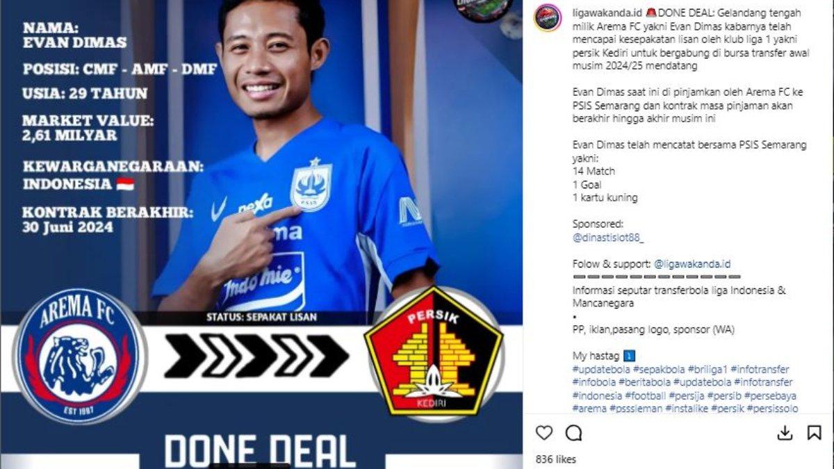 Gelandang Arema FC, Evan Dimas sukses didatangkan Persik Kediri.